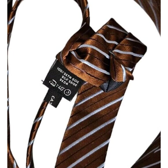 ERMENEGILDO ZEGNA Men's 100% Silk Necktie LUXURY Tie Brown Striped W:3.2" EUC - Picture 4 of 5
